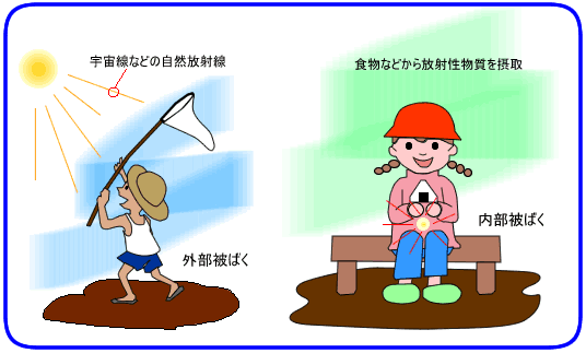外部被ばく・内部被ばくの説明イラスト