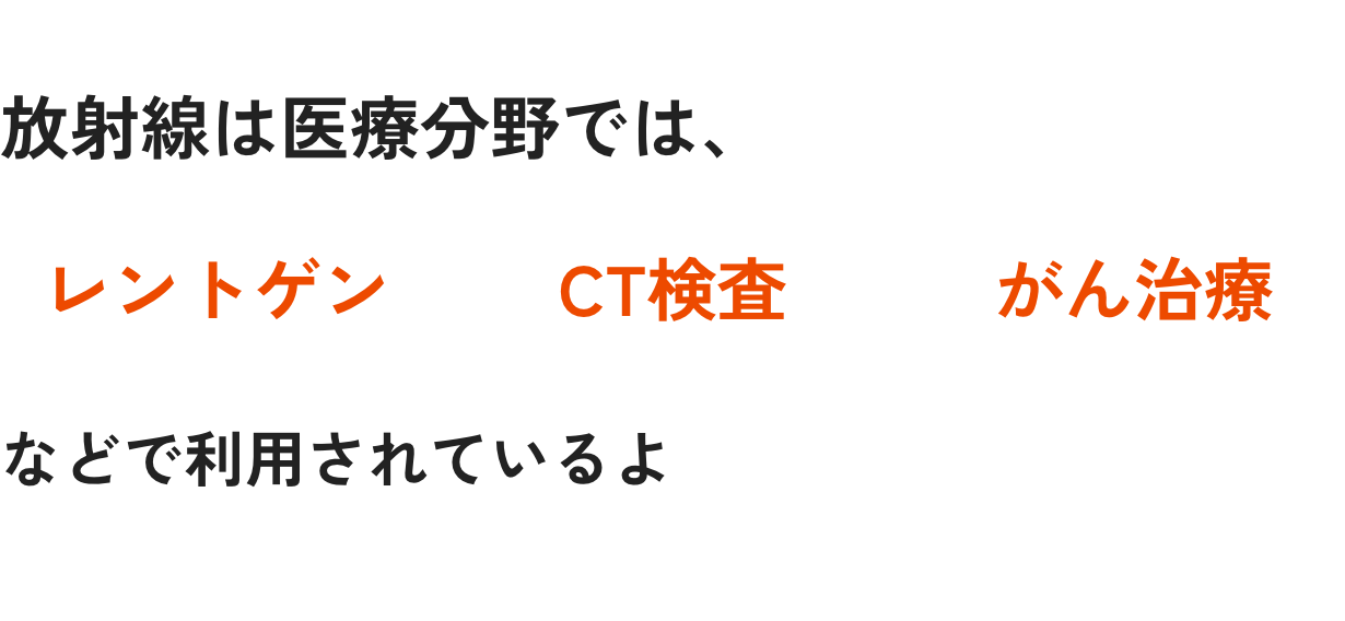 放射線は医療分野では、 レントゲンやCT検査、がん治療などで利用されているよ