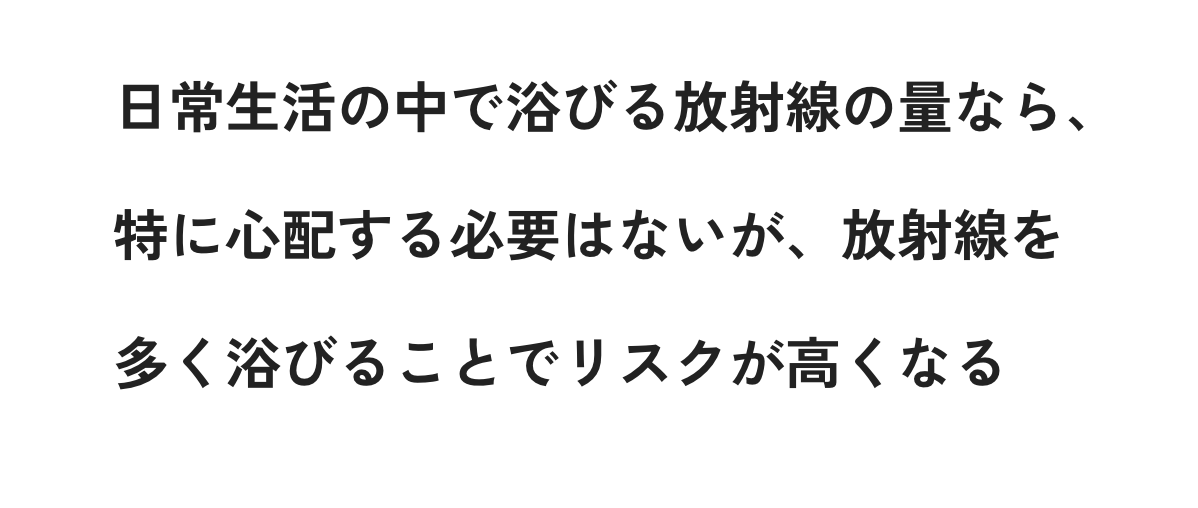 日常生活の中で浴びる放射線の量なら、特に心配する必要はないが、放射線を多く浴びることでリスクが高くなる